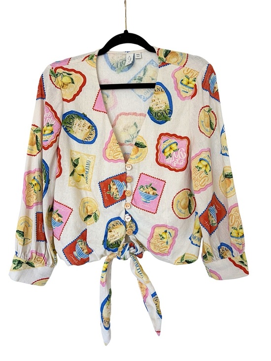Joie Tops - Joie Cream Lemon Print Tie Front Blouse, Multicolor Floral Accents, Size Medium